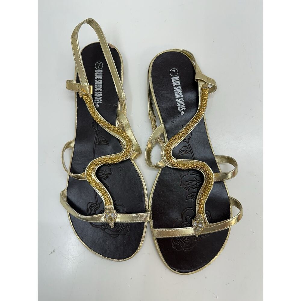 Blue Suede Shoes Womens Sandals Flats Size 6 (37) Gold Snake Wrapped